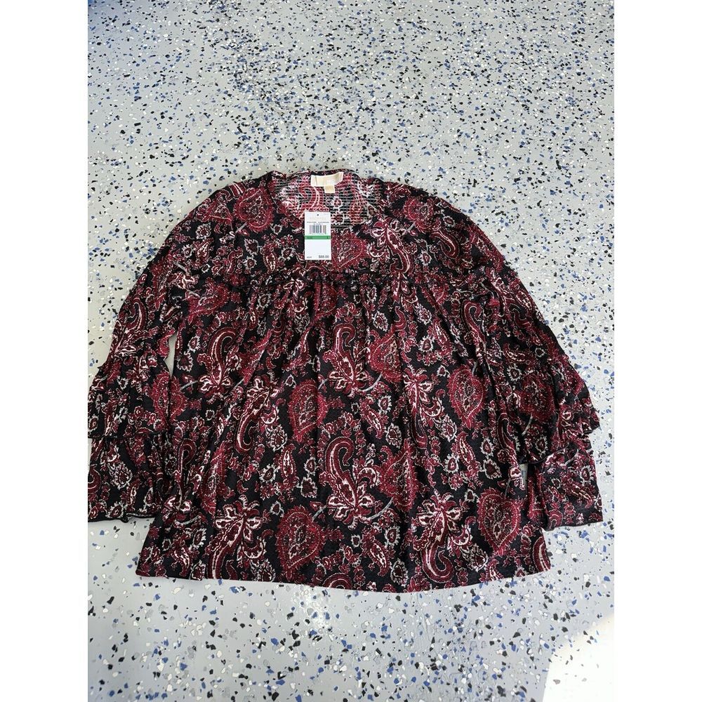 Michael Kors Shirt Womens New NWT Large Maroon Black Flowers Shirt